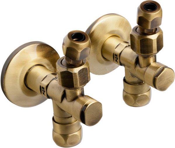 Кран-перекрыватель угловой, д/подвода воды к смесит. 2шт. (цанга, прок-дки, дек/чашка в компл.) 1/2х3/8, (цв.Ottone Grezzo латунь мат.) Nicolazzi ZZ