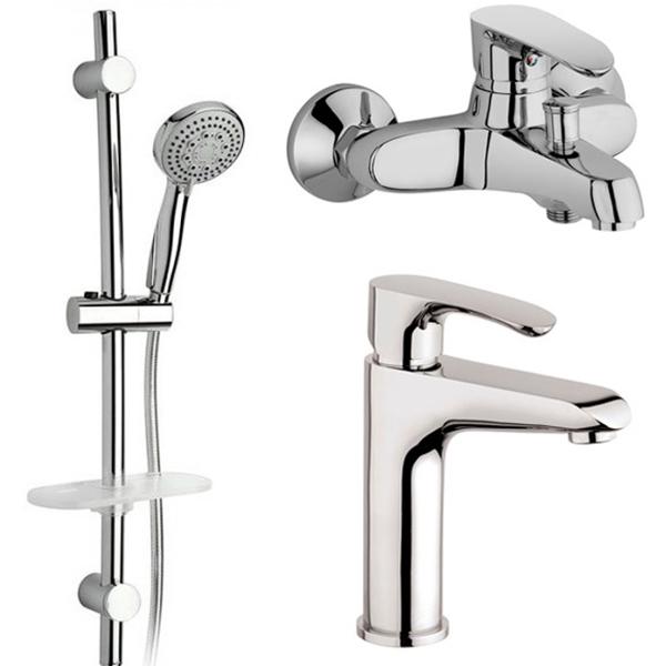 Комплект 3 в 1: смеситель для раковины, без д/к, смеситель для ванны, душевая стойка с лейкой и шлангом, (цв.хром), Palermo ZZ