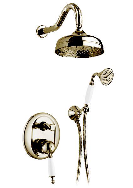 Смеситель для душа, встаив. в стену с переключ., c верхн.стацион. душем 20см, лейка, шланг, кронштейн в компл., (цв. брон, ручка белая), Canterbury ZZ