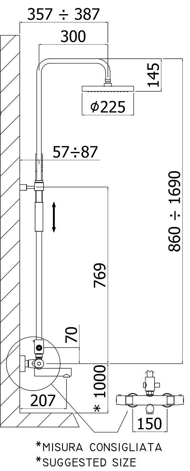 Смеситель-термостат для душа, с изливом, со стационарным верхним металл душем d225мм., душевая лейка, шланг в компл., (цв.хром), Birillo ZZ