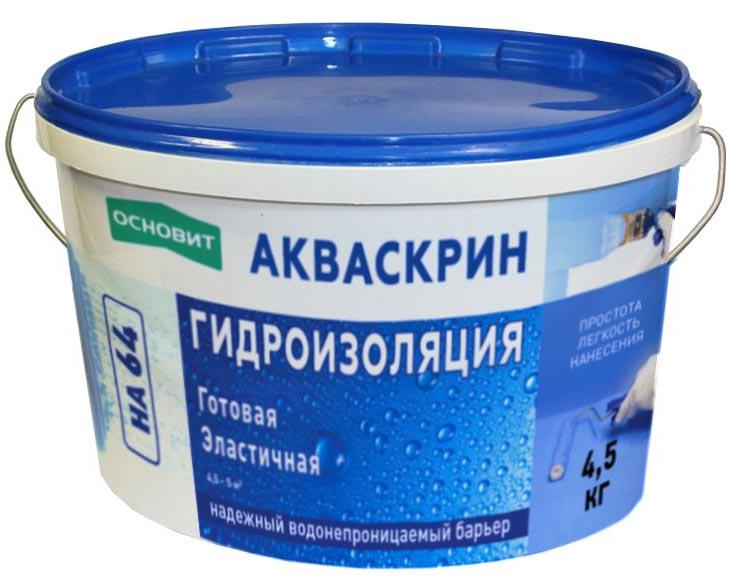 Гидроизоляция готовая эластичная ОСНОВИТ АКВАСКРИН HA64 4,5 кг.