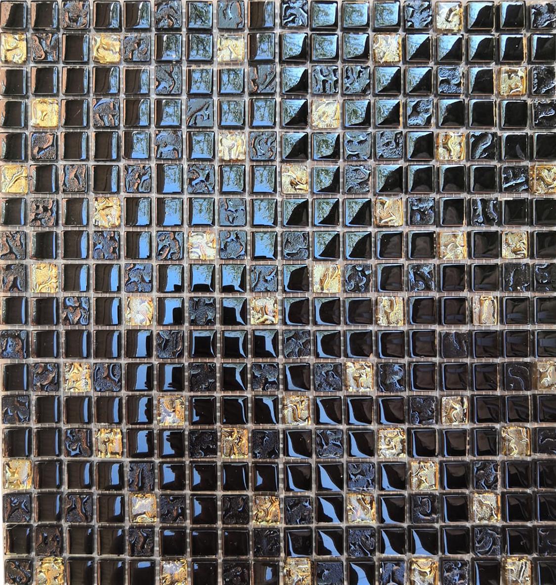 Мозаика №911 (чип 15х15) микс черный-черный рфленный-золото рифленный низ ZZ|30х30