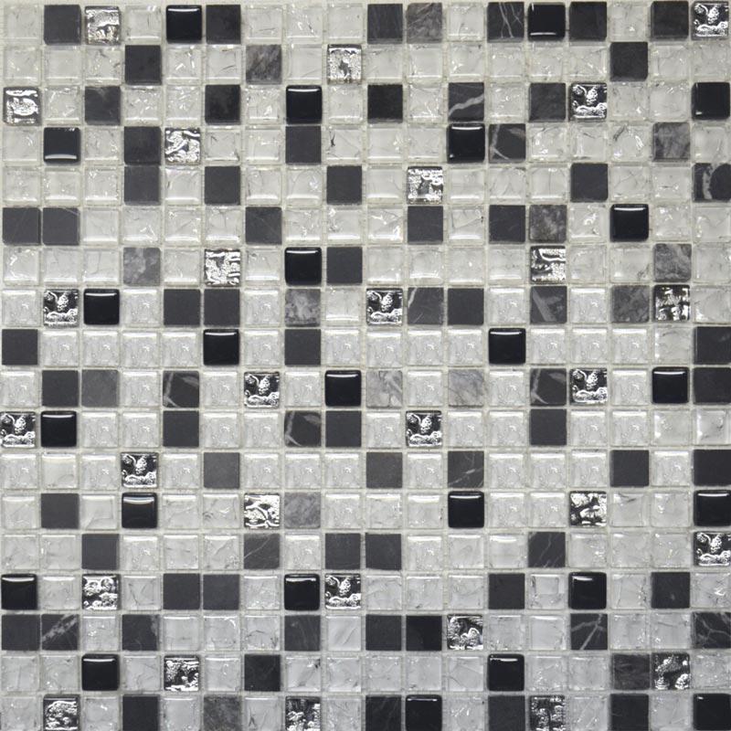 Мозаика Glass & Stone 2026 микс мрамор черный-черный-белый кол-платина (чип 15х15мм) ZZ|30x30