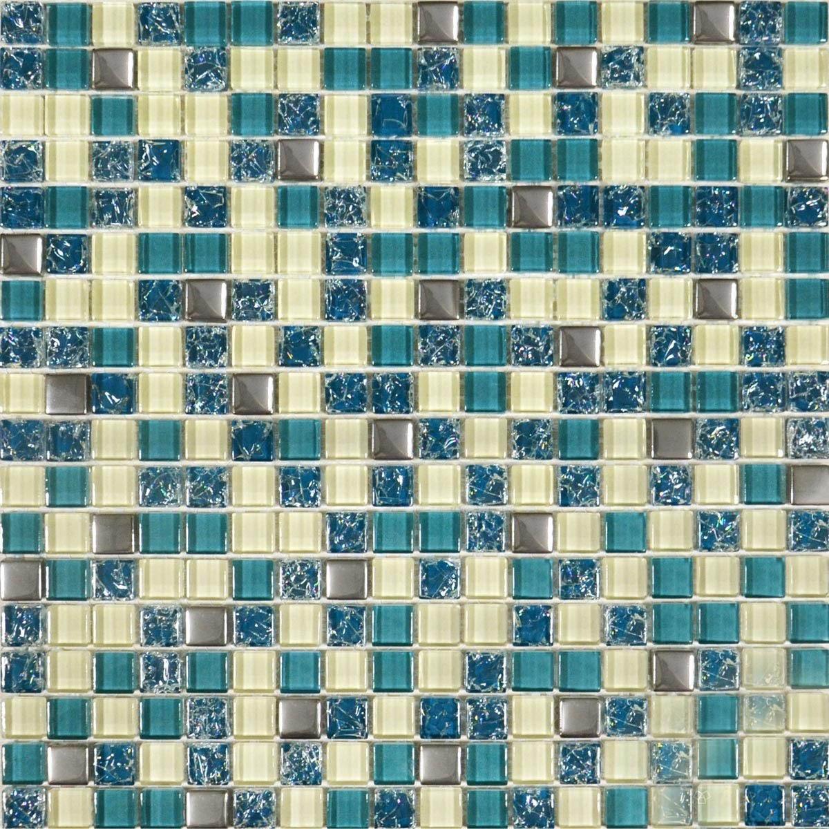 Мозаика 2083 микс бирюза, белый, темная бирюза колотая, платина (чип 15х15)|30х30