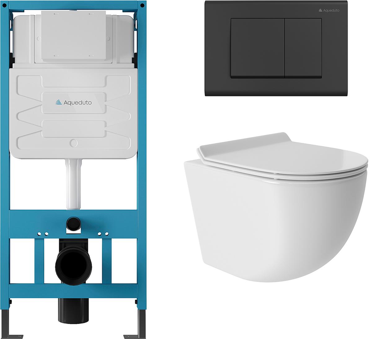 Компл.: унитаз подв.,безободк,Tornado 490х360мм,цв.белый гл.,сиденье с микролиф,,инстал. д/унит., крепёж, клавиша смыва Quadrado цв.черный мат, Ovo ZZ