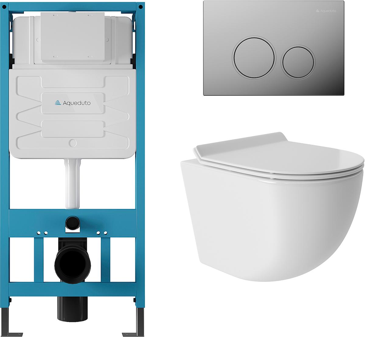 Компл.: унитаз подв.,безободк,Tornado 490х360мм, цв.белый гл., сиденье с микролиф,,инстал. д/унитаза, крепёж, клавиша смыва Circulo цв.хром, Ovo ZZ