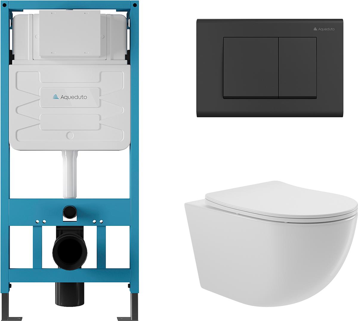 Компл.: унитаз подвесн.,безободк.,525х360мм,цв.белый глянц., сиденье с микролиф,,инстал. д/унит., крепёж, клавиша смыва Quadrado цв.черный мат, Ovo ZZ