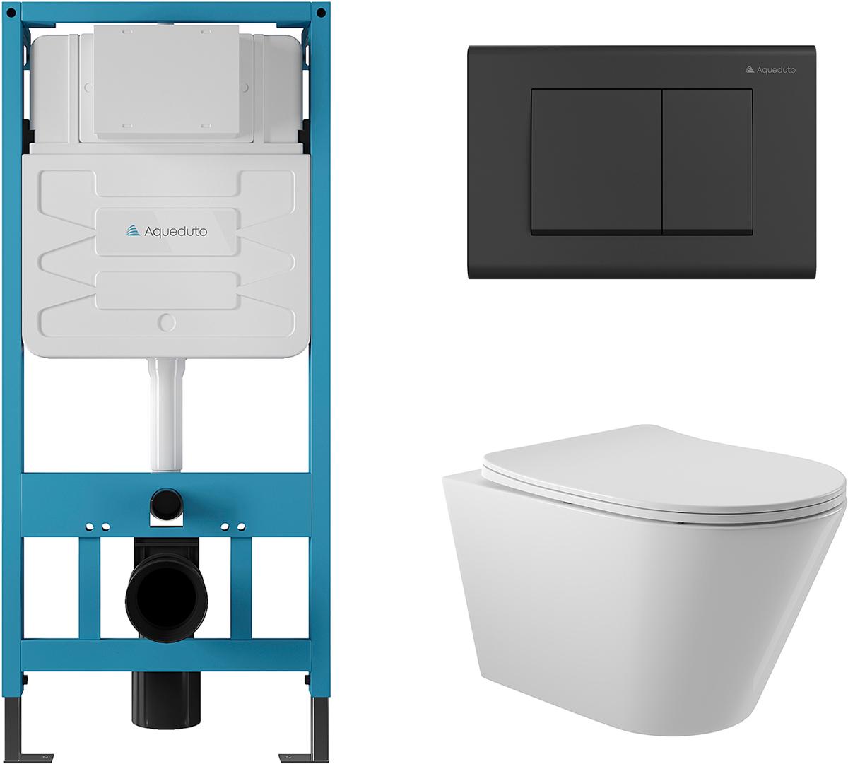 Компл.: унитаз подвесн.,безободк.,525х360мм,цв.белый глянц., сиденье с микролиф,,инстал. д/унит., крепёж, клавиша смыва Quadrado цв.черный мат,Cone ZZ