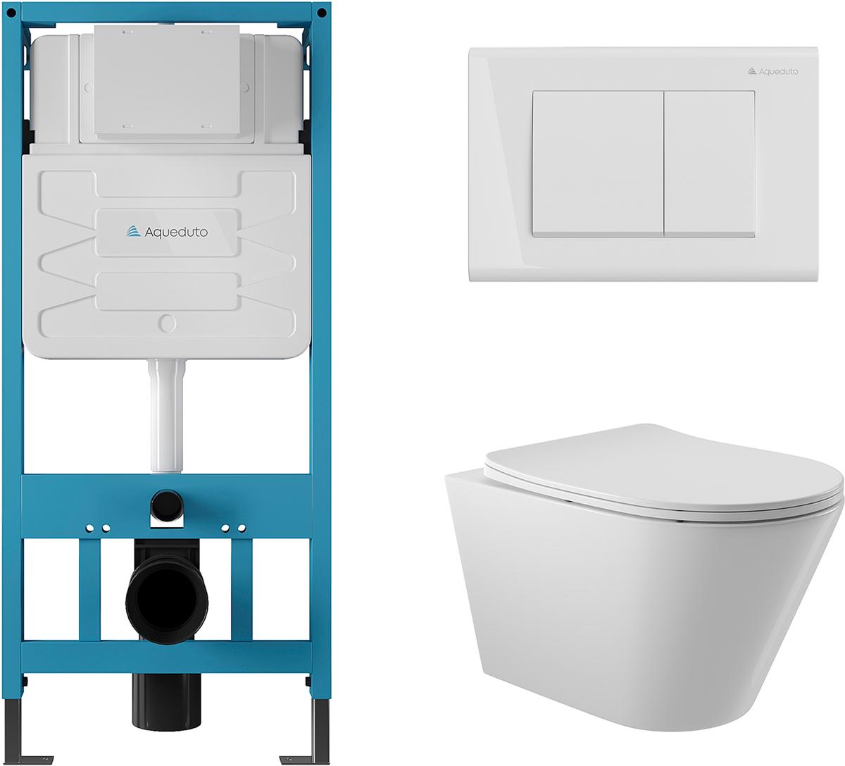 Компл.: унитаз подвесн.,безободк.,525х360мм,цв.белый глянц., сиденье с микролиф,,инстал. д/унит., крепёж, клавиша смыва Quadrado цв.белый гл., Cone ZZ