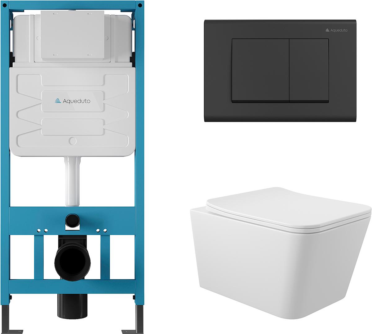 Компл.: унитаз подвесн.,безободк.,520х370мм,цв.белый глянц., сиденье с микролиф,,инстал. д/унит., крепёж,клавиша смыва Quadrado цв.черный мат,Macio ZZ