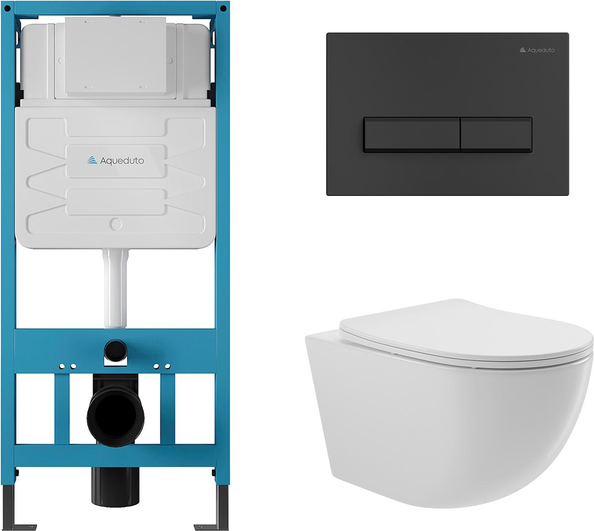 Компл.: унитаз подвесн.,безободк.,525х360мм,цв.белый глянц., сиденье с микролиф,,инстал. д/унит., крепёж, клавиша смыва Retangulo цв.черный мат,Ovo ZZ