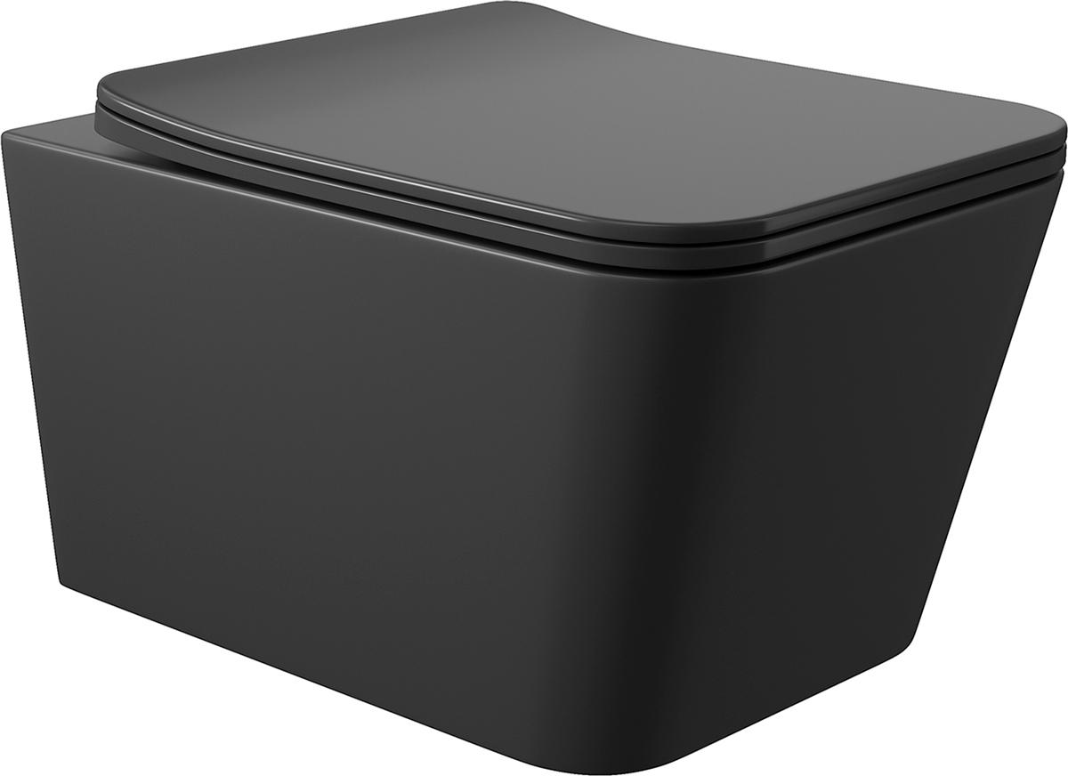 Унитаз подвесной 520х370мм, безободковый, сиденье с микролифтом, крепёж в компл., (цв.черный матовый), Macio