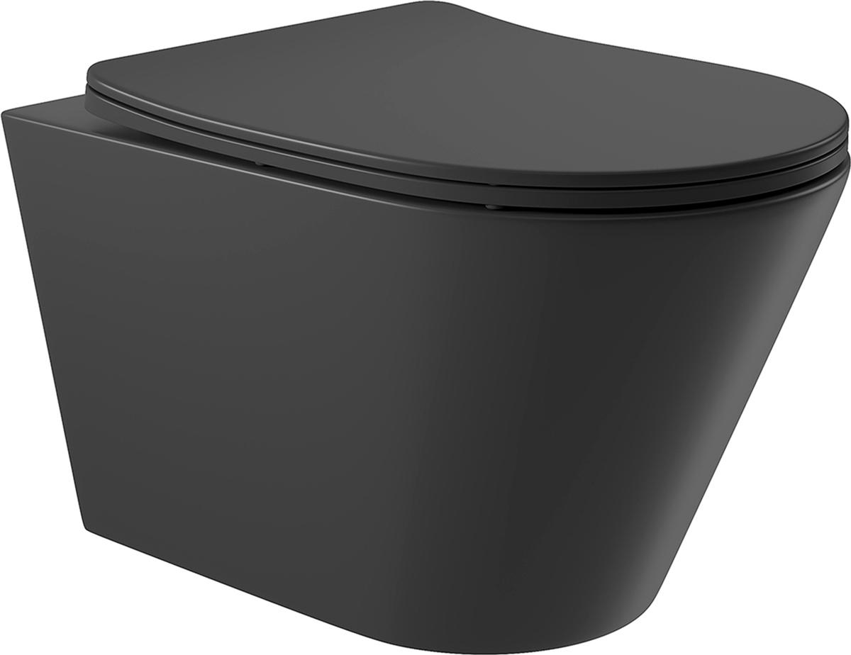 Унитаз подвесной 525х360мм, безободковый, сиденье с микролифтом, крепёж в компл., (цв.черный матовый), Cone