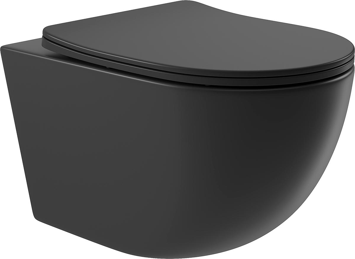 Унитаз подвесной 525х360мм, безободковый, сиденье с микролифтом, крепёж в компл., (цв.черный матовый), Ovo