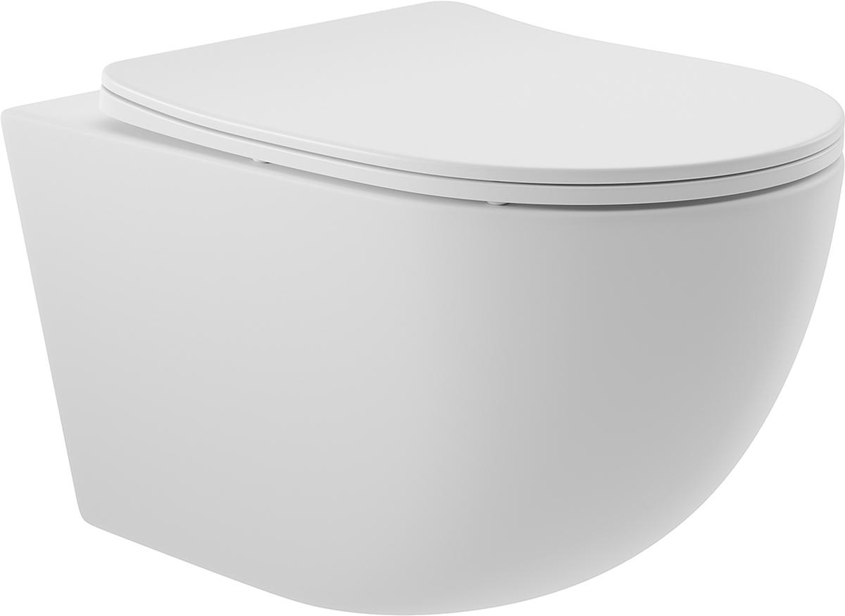 Унитаз подвесной 525х360мм, безободковый, сиденье с микролифтом, крепёж в компл., (цв.белый матовый), Ovo