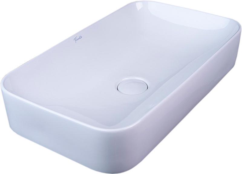 Раковина накладная 610х360хh115мм, без отверстия для смесителя, без перелива, запираемый донный клапан с керамической крышкой в компл., Fluenta KL