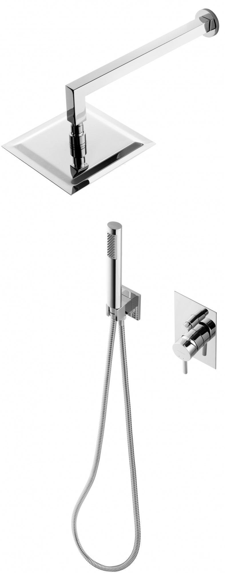 Душевой набор (в компл: верхний душ 200мм нерж.сталь настенный кронштейн, ручной душ, встроен.смесит.с перкл, шланг д/д, шлангов.подсоед),NewICON ZZ