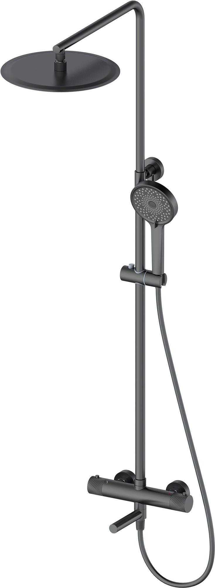 Смеситель-термостат для ванны(душа), со стационарным верхн.душем d30см., душевая лейка, шланг в компл., (цв.оружейный металл), Y-LINE ZZ