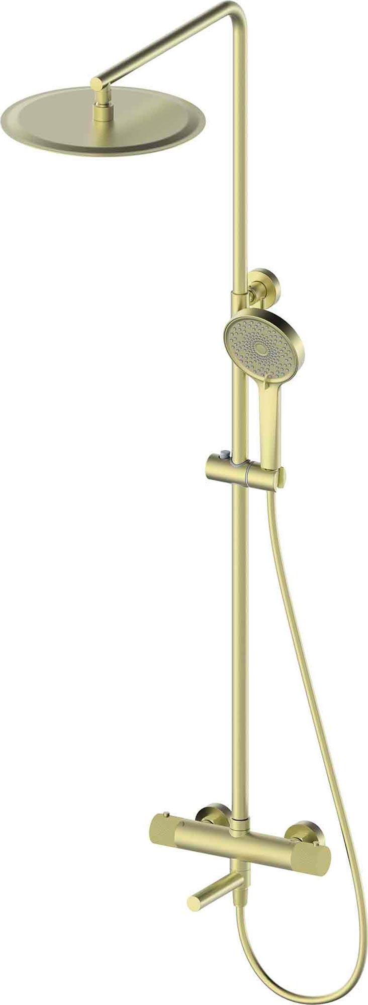 Смеситель-термостат для ванны(душа), со стационарным верхн.душем d30см., душевая лейка, шланг в компл., (цв.матовое золото), Y-LINE ZZ