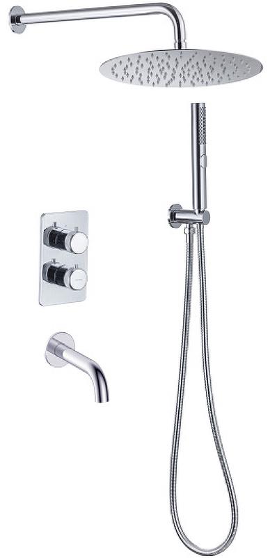 Смес-термостат д/ванны/душа, встр.в сену, со стац.верхн.душем d30см, излив,кронштейн,лейка,держат, шланг, встр.часть в компл, (цв.хром), Priority ZZ