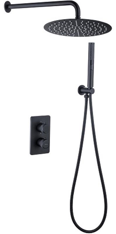 Смеситель-термостат д/душа,встр.в стену, со стац.верхн.душем d30см, кронштейн,лейка,держатель,шланг,встр.часть в компл,(цв.черный матов),Priority ZZ