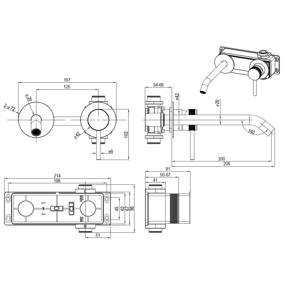 Смеситель для раковины, встраиваемый в стену, излив 200мм, встраив.часть в компл., (цв.браш.никель), Priority 3.0 ZZ
