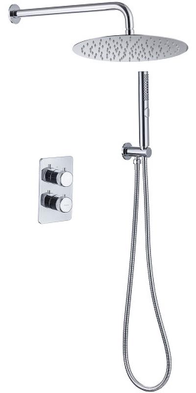 Смеситель-термостат д/душа, встр.в стену, со стац.верхн.душем d30см, кронштейн, лейка, держатель, шланг, встр.часть в компл., (цв.хром), Priority ZZ