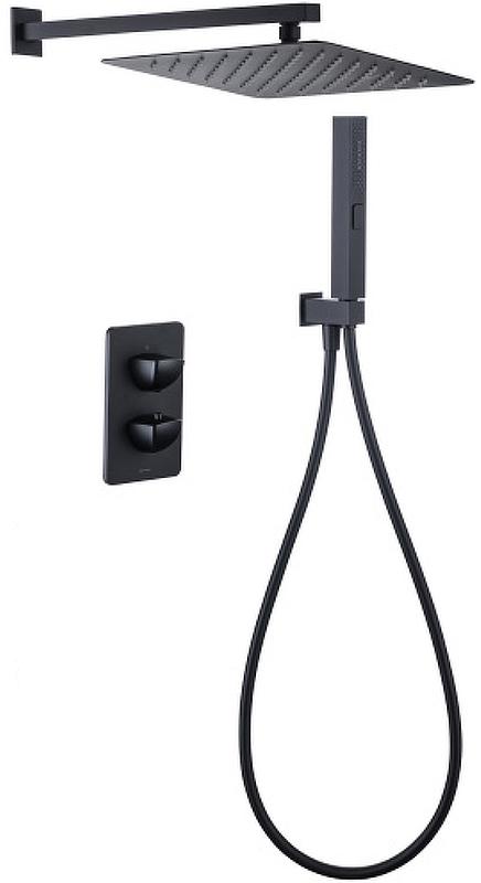 Смес-термостат д/душ,встр.в стену,со стац.верхн.душем квадр.30х30см,кронштейн,лейка,держатель,шланг,встр.часть в компл,(цв.черный матовый),Infinity ZZ