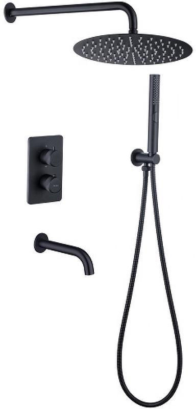 Смес-термостат д/ванны/душа,встр.в стену со стац.верхн.душ d30см,излив,кронштейн,лейка,держат,шланг, встр.часть в компл,(цв.черный матовый),PriorityZZ