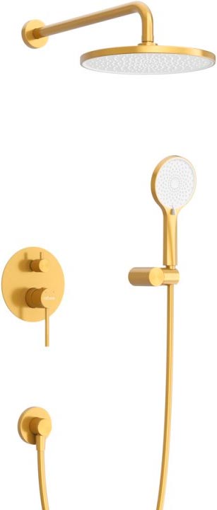 Смеситель для душа, встр.в стену со стац.стенов.,верхнем душем d22см., душ.лейка, шланг в компл., (цв.брашированное золото), Relax ZZ