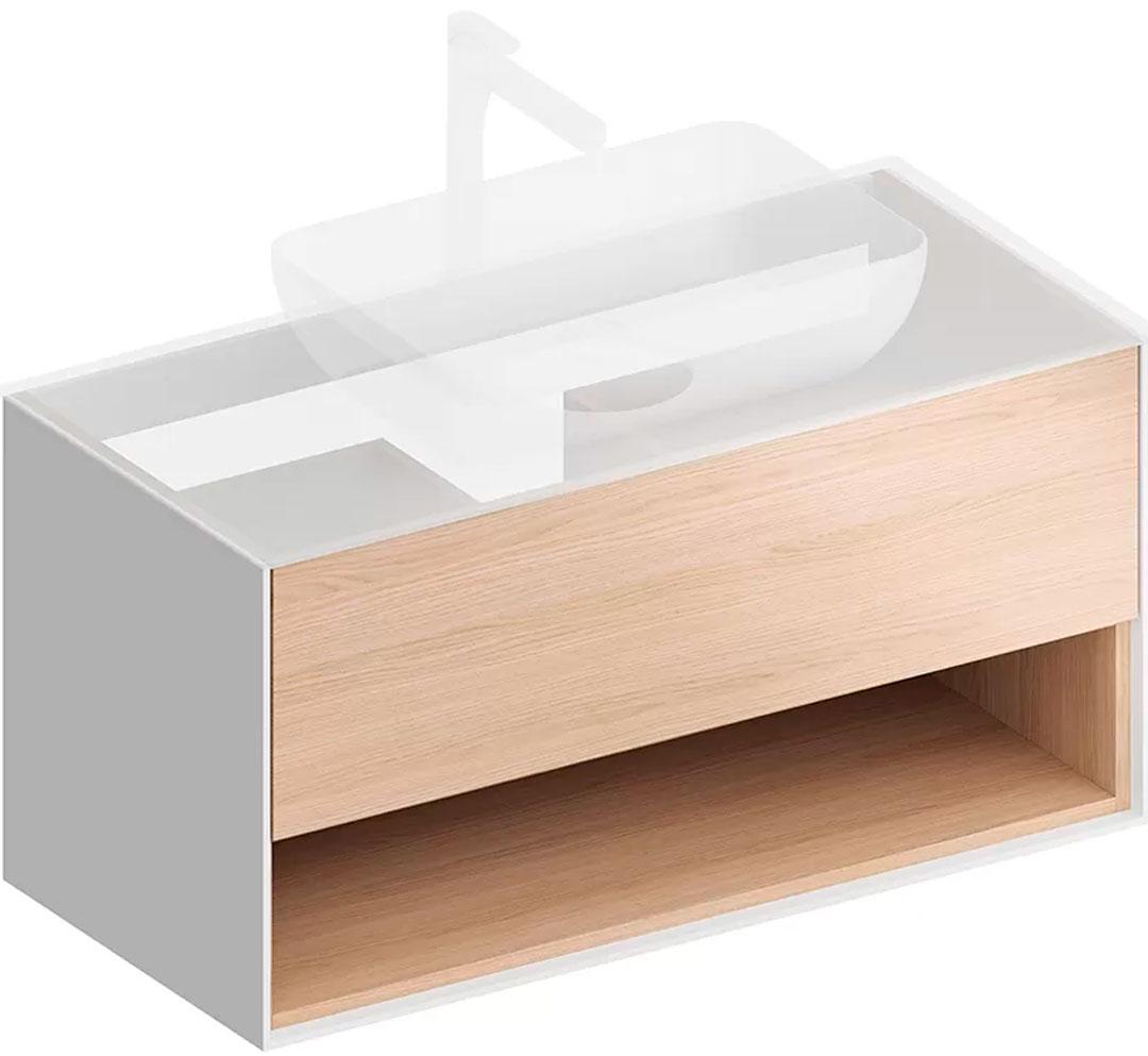 Тумба подвесная 100 см, 1 выдвижной ящик Push-to-Open и открытая полка, без столешницы и раковины, цв.белый/дуб Виченца