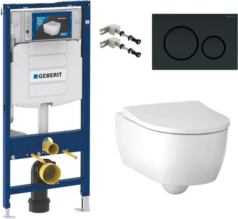 Комплект: унитаз подвесной 365x530мм, сиденье с микролифтом, монтажная рама, крепёж, клавиша смыва цв.черный, Icon ZZ