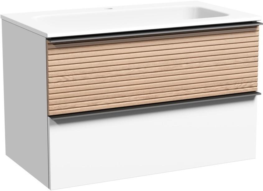 Тумба подвесная 790х445х500мм, без раковины,c 2 ящиками, ручки чёрные накладные, цвет дуб светлый/белый ZZ