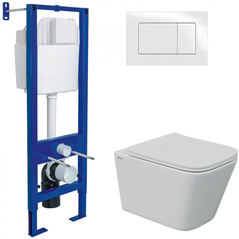 Комплект : инсталляция АТОМ для подвесного унитаза+ клавиша белая матовая+ подвесной унитаз FLOE S Rimless 51 см с сиденьем микролифт ZZ