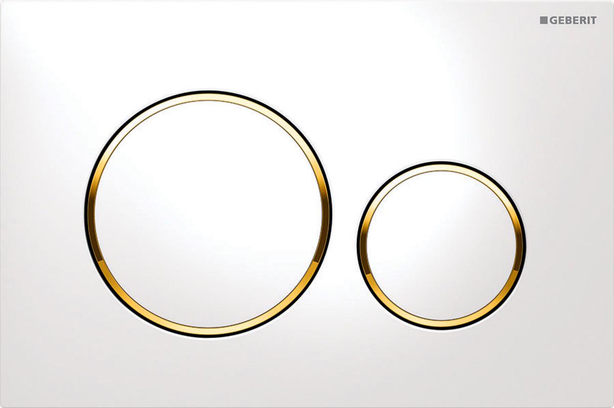 Клавиша двойного смыва, (пластик, рамка белая, кольца позолота, клавиши белые), Sigma 20 ZZ