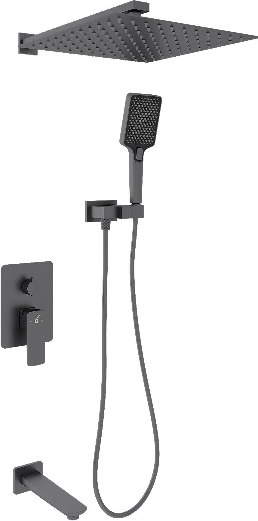 Душевой к-т: смес. встр.в стену, верхний душ 300х300мм, ручн.душ, шланг, кронштейн совмещ. со шланг.подсоед., излив, (цв.оружейный металл), D-LINE ZZ