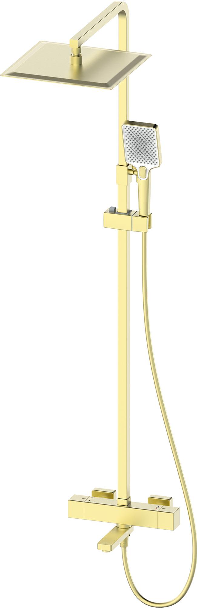Смеситель-термостат для ванны(душа), со стационарным верхн.душем 30х20см., душевая лейка, шланг в компл., (цв.матовое золото), D-LINE ZZ