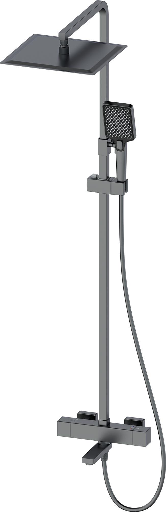 Смеситель-термостат для ванны(душа), со стационарным верхн.душем 30х20см., душевая лейка, шланг в компл., (цв.оружейный металл), D-LINE ZZ