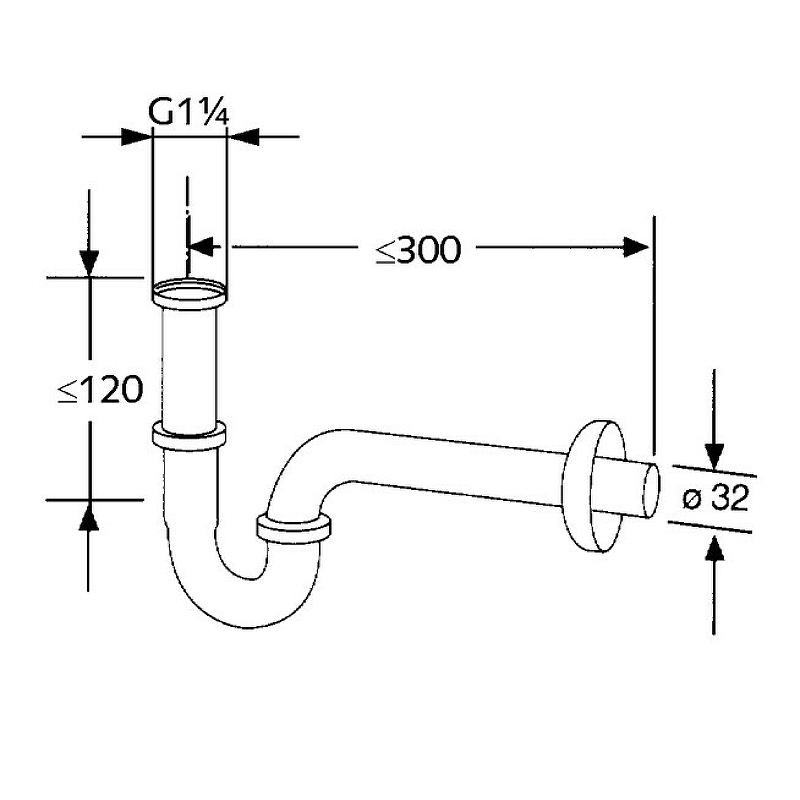 Сифон трубчатый для раковины, под донный клапан G1 1/4*32 с отводной трубой и отражателем, хром