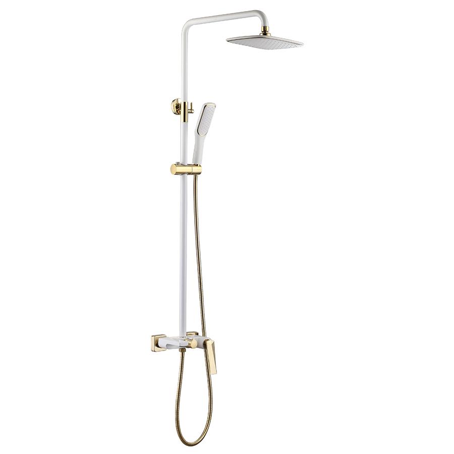 Душевая стойка для ванны/душа, верхний душ 250мм, душ лейка, душ.шланг 150 cм, цв. белый/золото ZZ