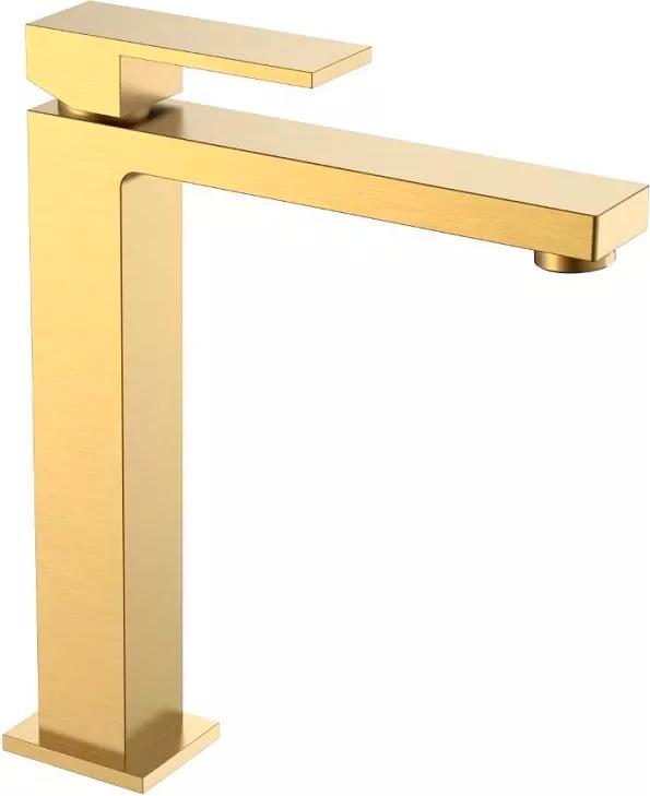 Смеситель для раковины высокий Qubic, без донного клапана, цв. матовое золото, ZZ