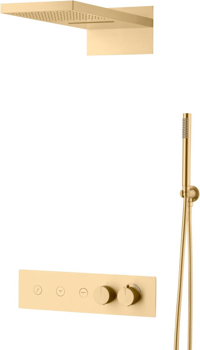 Душевая система скрытого монтажа FUSION MATT GOLD (cмеситель с термостатом +ручной душ+верхний душ), цв. матовое золото, ZZ
