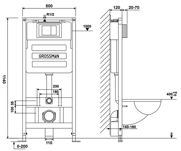 Инсталляция для унитаза, смывной бачок в комплекте, БЕЗ клавиши смыва