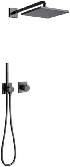 Смеситель-термостат д/д, встр.в стену со стац.стенов.,верхнем душем 25х25см., душ.лейка, шланг, кронштейн в компл., (цв.черный матовый), Ixmo ZZ