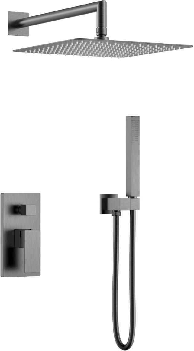 Смеситель для ванны/душа QUBIC GUN METAL, встраиваемый (cмеситель внешн.+ внутренняя часть, излив, лейка, шланг) , цв. серый матовый ZZ