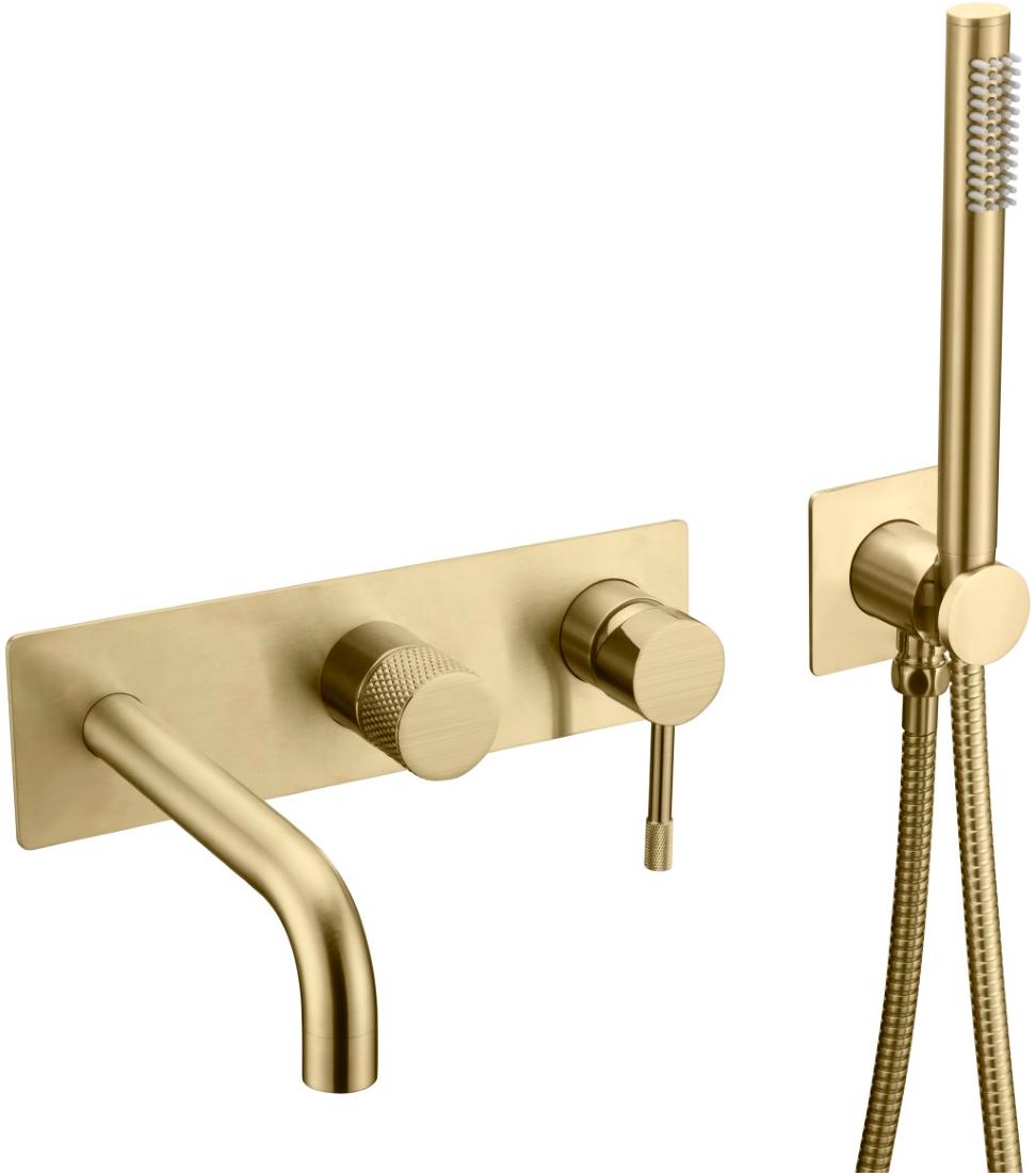 Смеситель встраиваемый для ванны/душа, излив, ручной душ, внутренняя часть в компл., цв.матовое золото ZZ