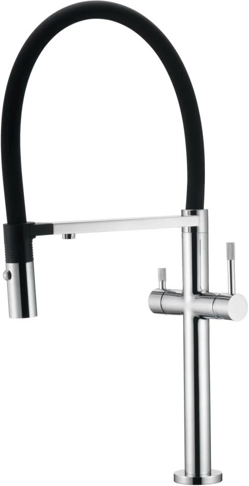 Смеситель для кухонной мойки UNO CHROMEl, гибкий излив, встр. кран для питьевой, цв. черный + хром  ZZ