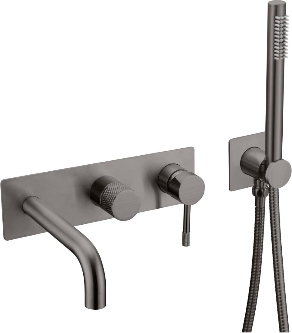 Смеситель для ванны и душа, встраиваемый в стену,  С ВНУТРЕННЕЙ ЧАСТЬЮ, ручной душ, излив, цв. оружейная сталь ZZ