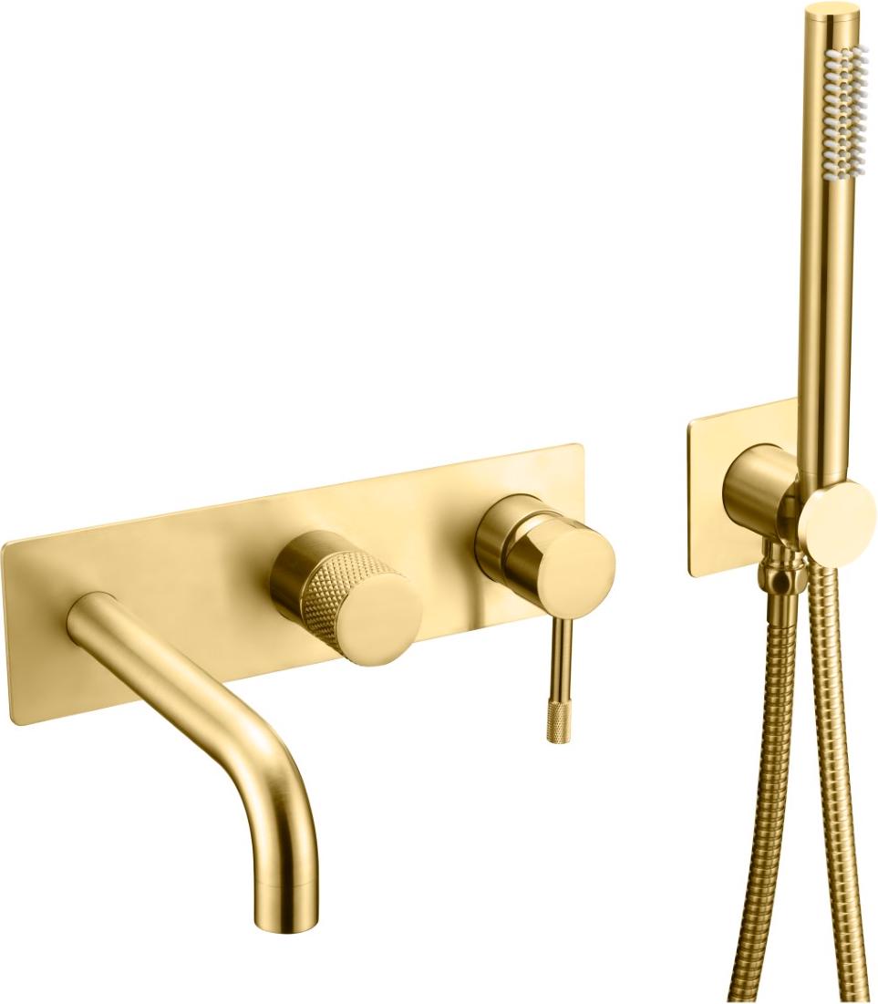 Смеситель для ванны и душа Uno, встраиваемый в стену,  С ВНУТРЕННЕЙ ЧАСТЬЮ, ручной душ, излив, цв. золото ZZ