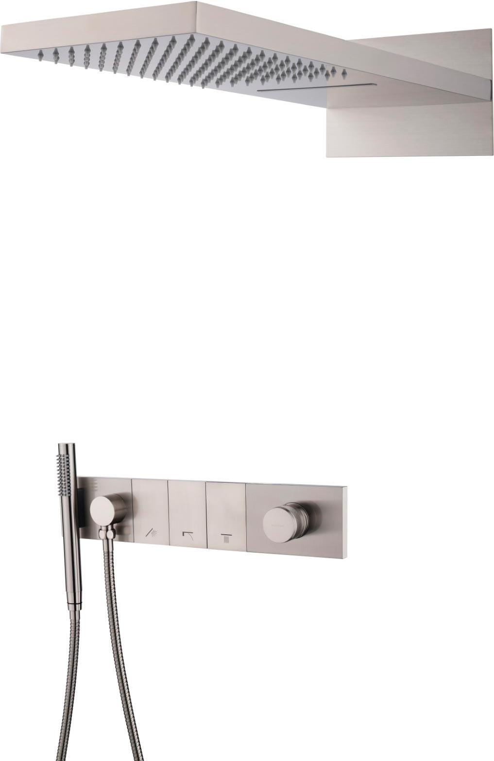 Встроенная душевая система  ZODIAC nikel brush, внутренняя часть в компл, трехпозиционная - см-ль, верний / ручной душ, цв. никель брашированная (стал